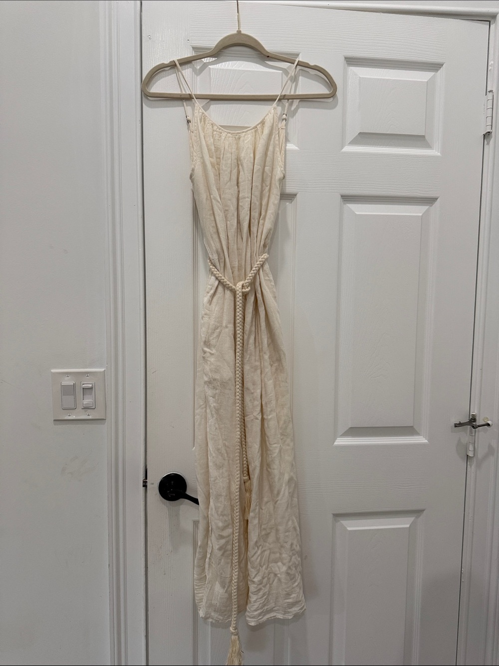 Cream Spaghetti-Strap Maxi Dress with Rope Belt